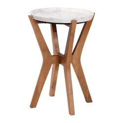 Baxton Studio Phaedra Round Marble End Table - Modern Accent Table with Mango Wood Frame and Tray Tabletop for Living Room or Seating Area